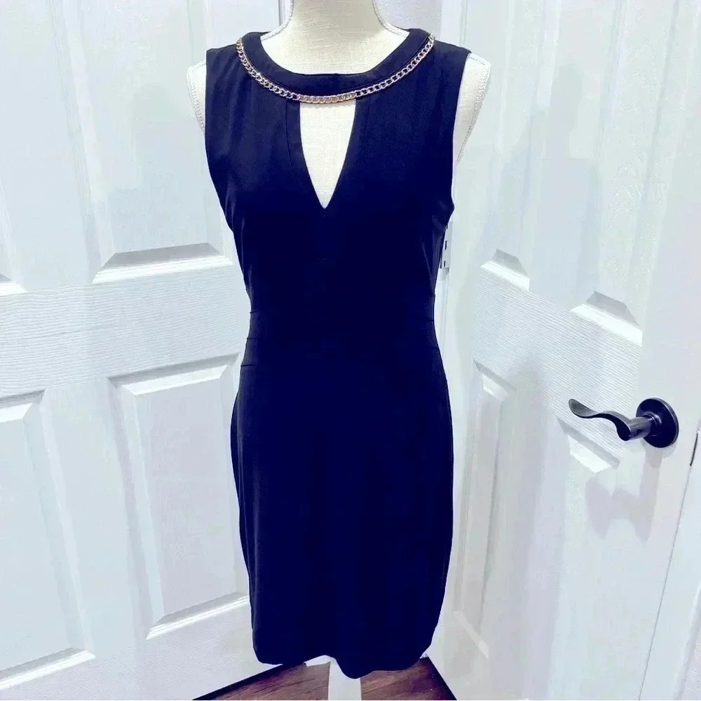 Bisou Bisou sleeveless, gold jeweled neckline, fitted cocktail dress mini length